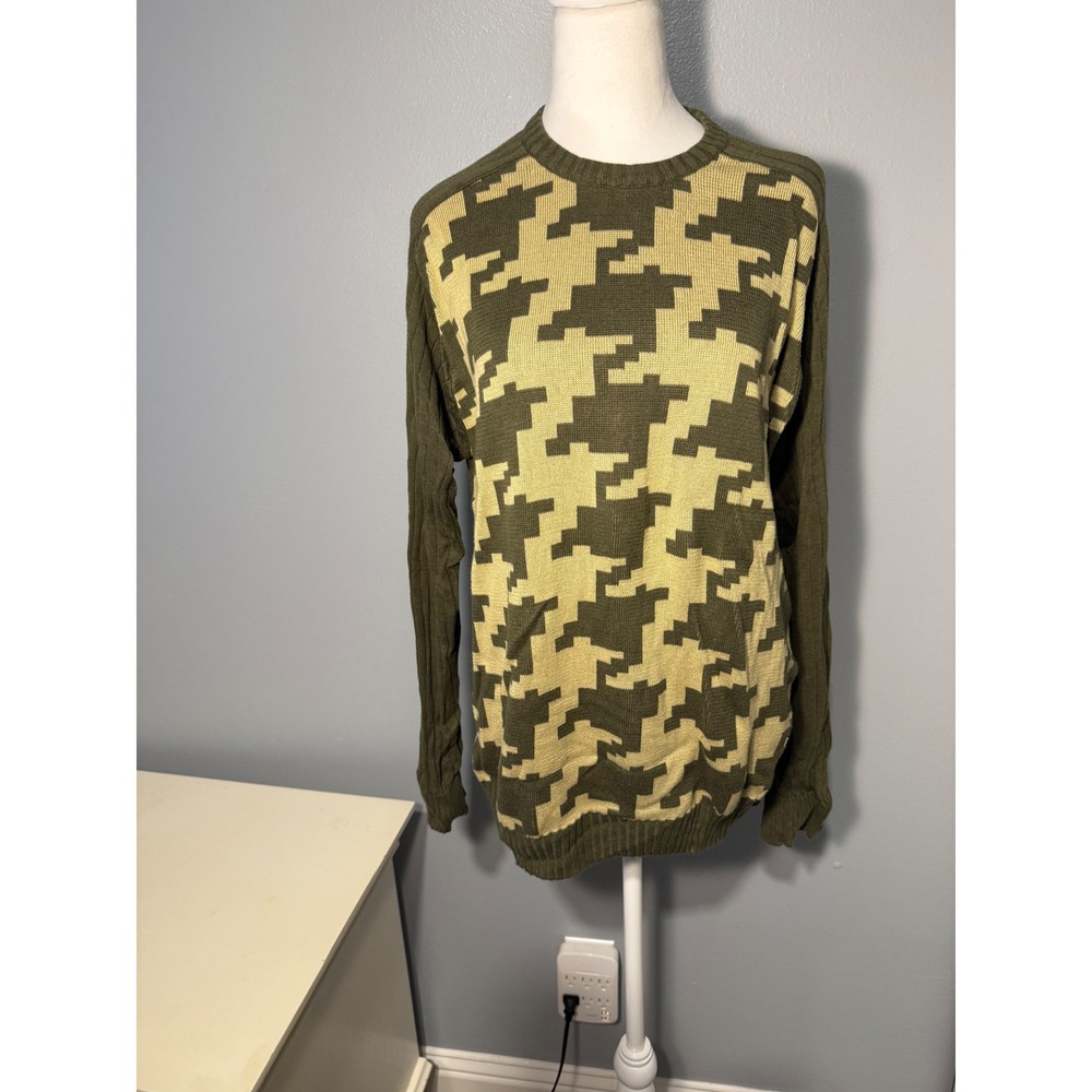 Perry Ellis Mens Large Olive Green Oversized Houndstooth Ribbed Pullover Sweater - Picture 2 of 8